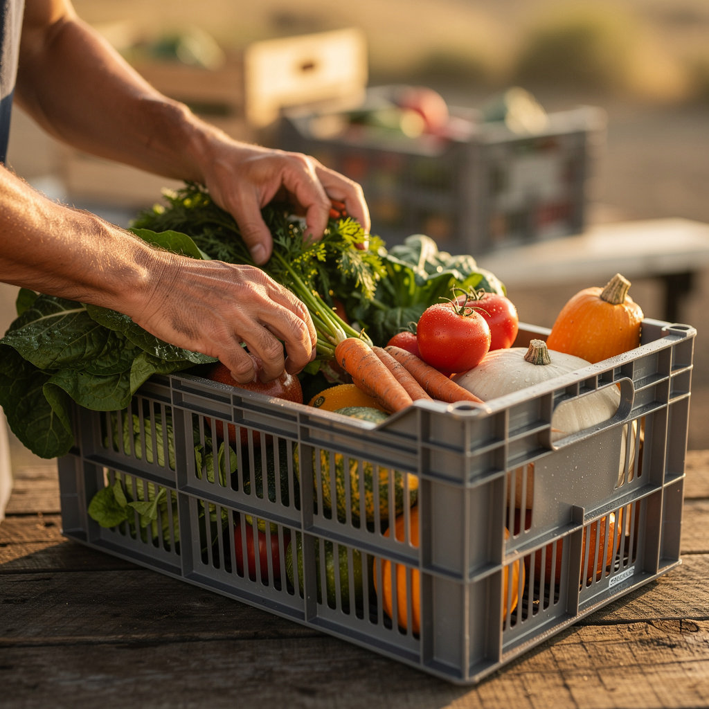 John Givens Farm CSA member picking up a fresh box of seasonal organic vegetables in Goleta